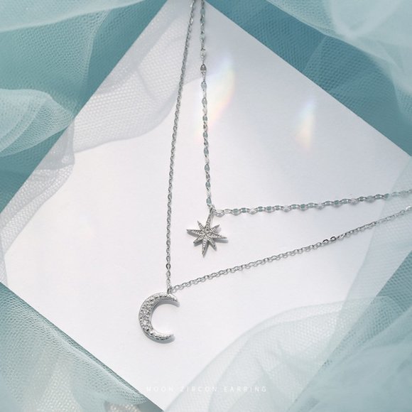 NEW 925 Sterling Silver Diamond Moon Star Necklace - Picture 4 of 8
